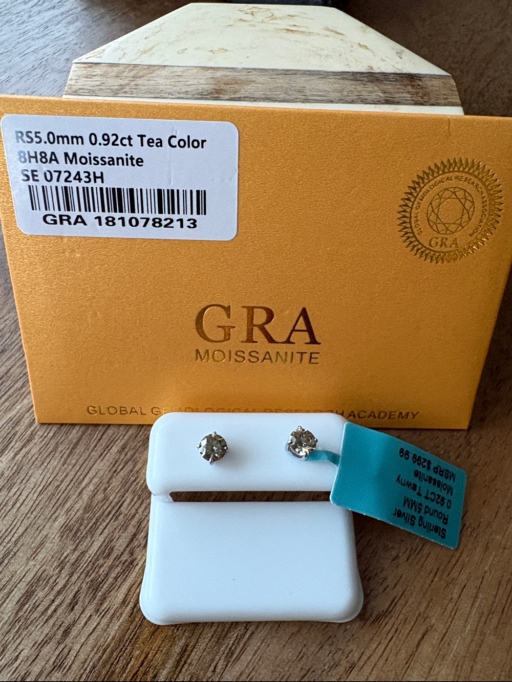 GRA Moissanite Tea-Color Stud Earrings in Gold Setting